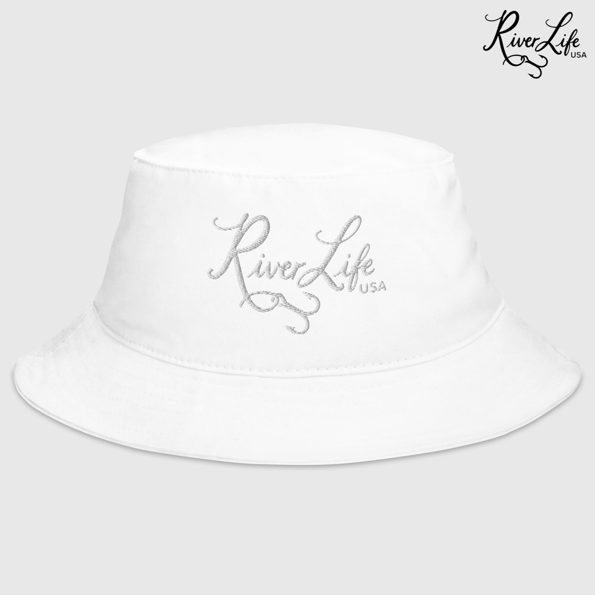 Script Logo (white embroidery) | Bucket Hat-White-River Life USA
