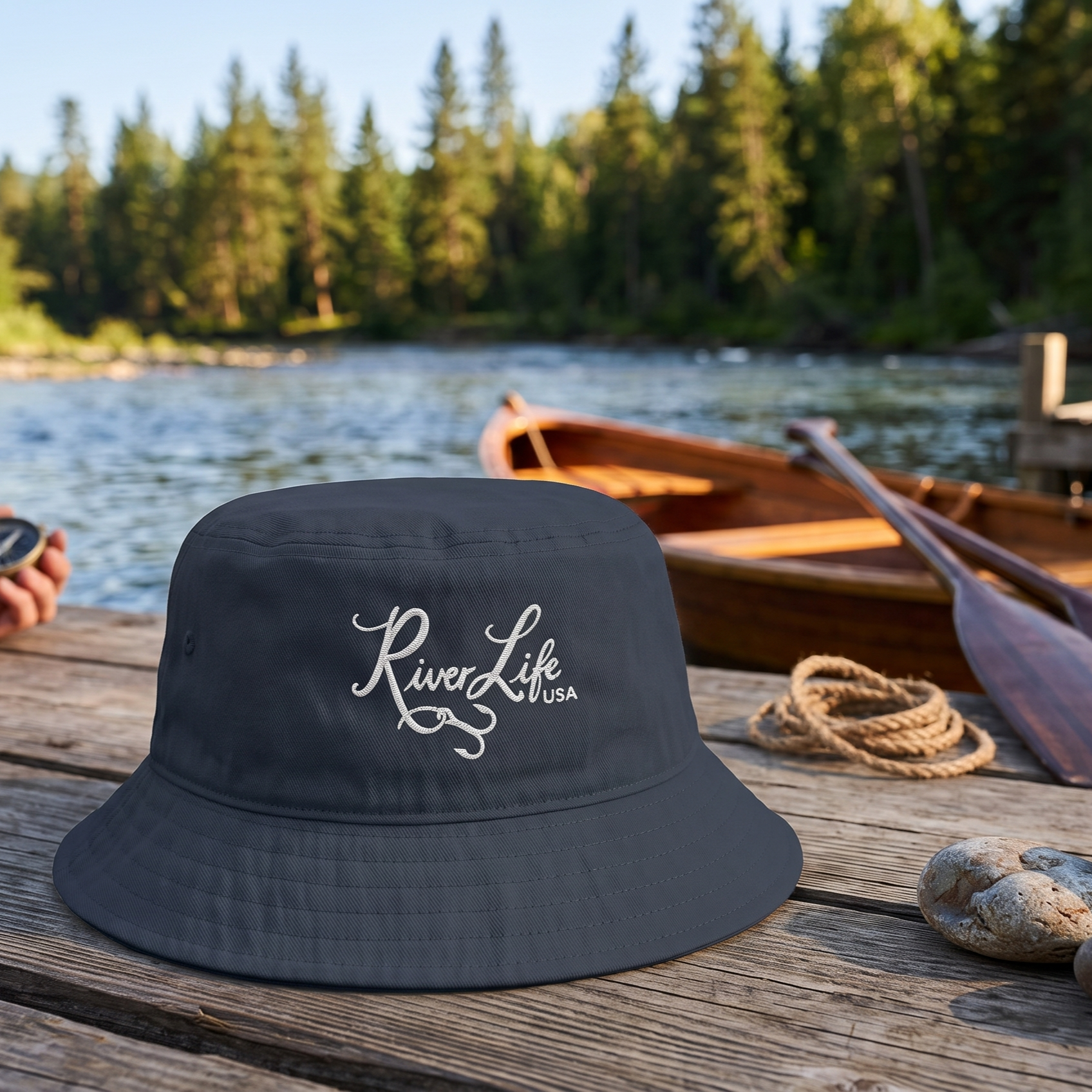 Script Logo (white embroidery) | Bucket Hat-Navy-River Life USA