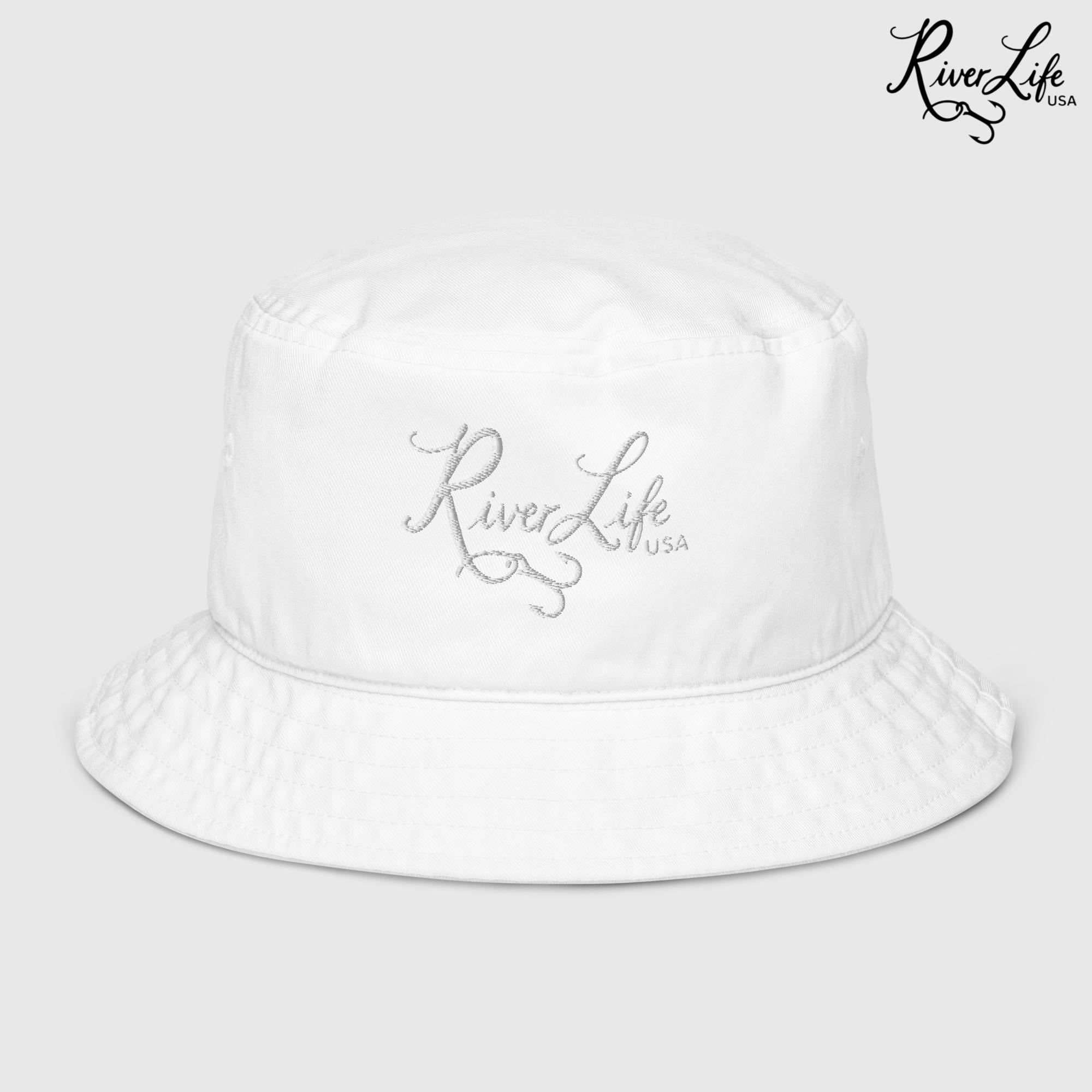 Script Logo (white embroidery) | Premium Organic Bucket Hat-Bio White-River Life USA