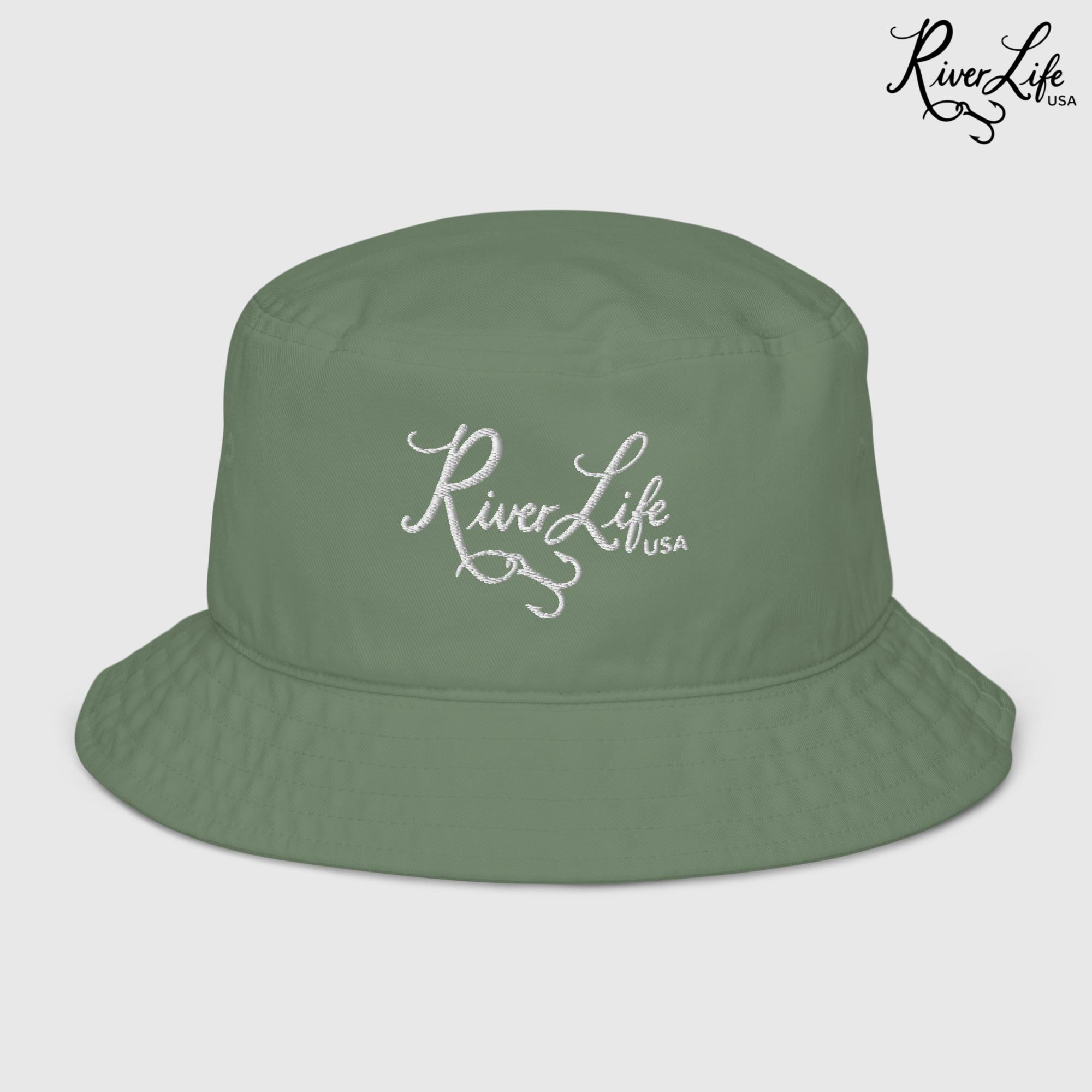 Script Logo (white embroidery) | Premium Organic Bucket Hat-Dill-River Life USA