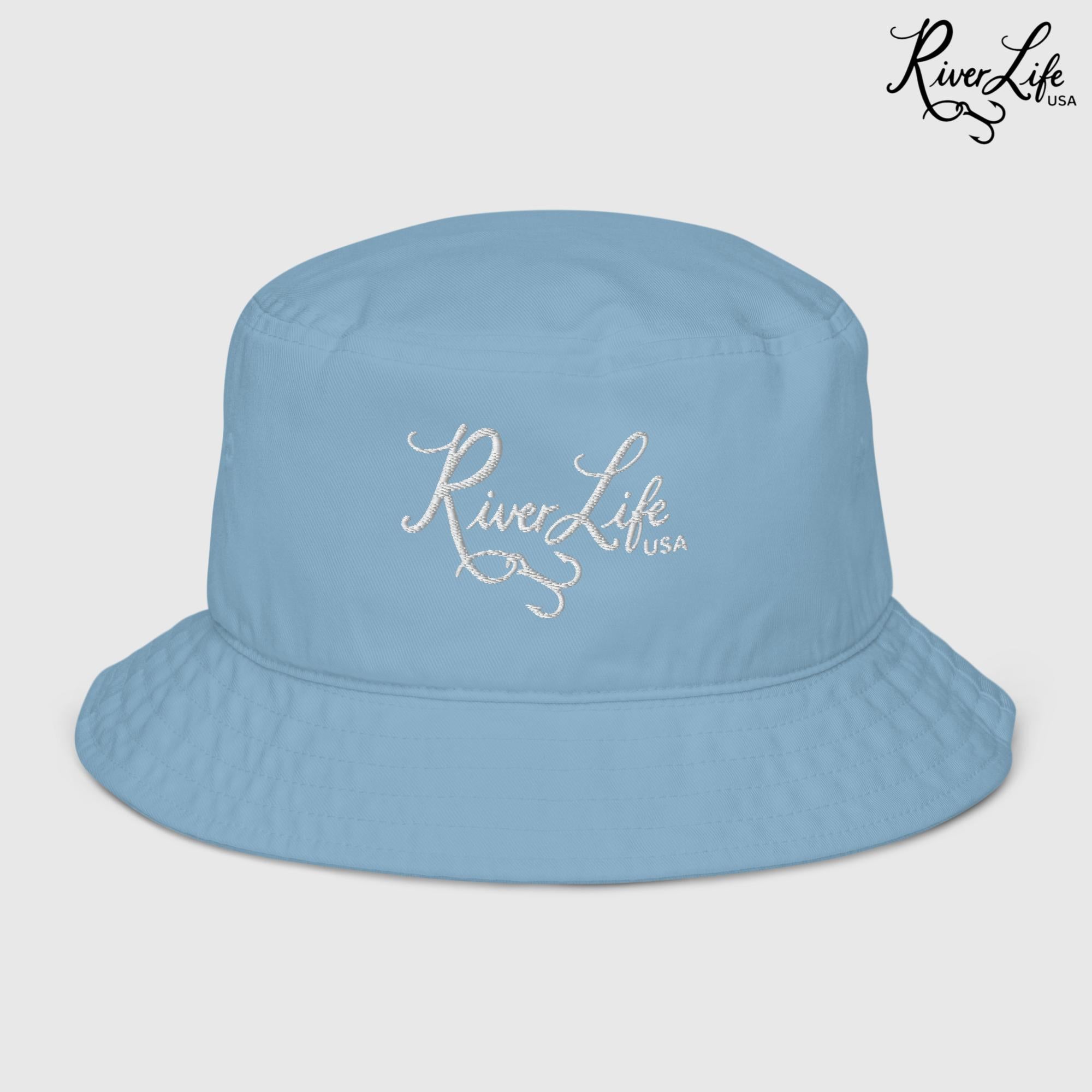 Script Logo (white embroidery) | Premium Organic Bucket Hat-Slate Blue-River Life USA