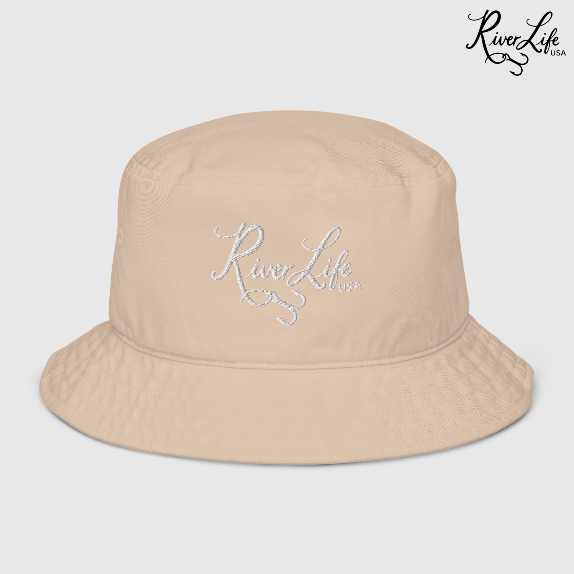 Script Logo (white embroidery) | Premium Organic Bucket Hat-Stone-River Life USA