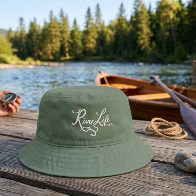 Script Logo (white embroidery) | Premium Organic Bucket Hat-Dill-River Life USA