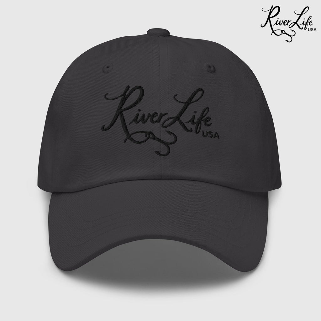 Signature (black embroidery) | Adjustable Dad hat-Dark Grey-River Life USA