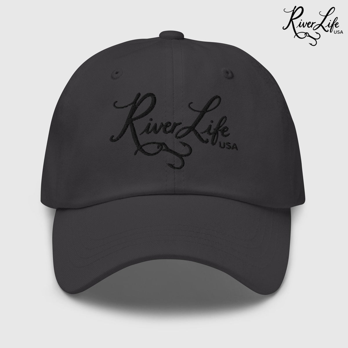 Signature (black embroidery) | Adjustable Dad hat-Dark Grey-River Life USA