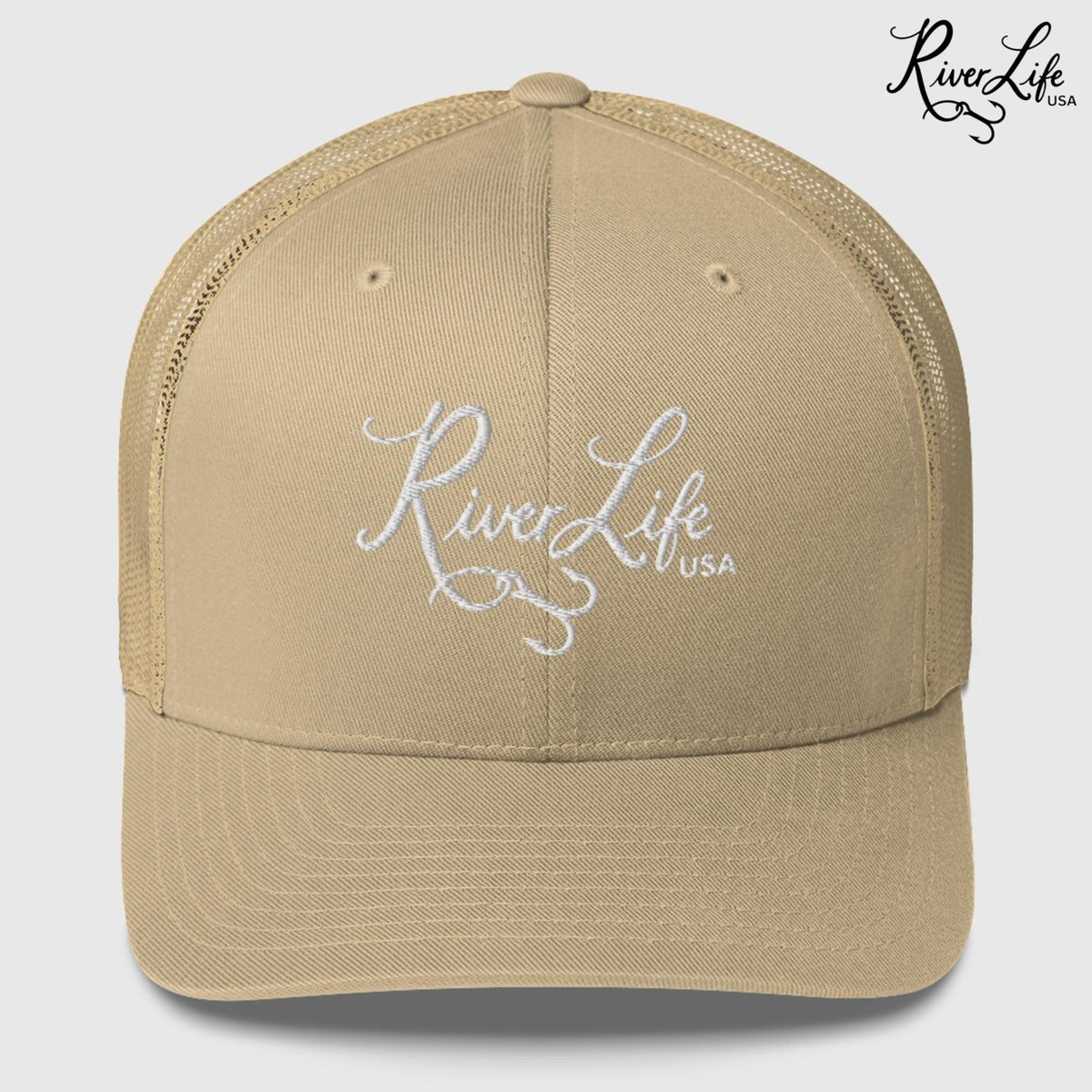 Signature (embroidered) | Snapback Trucker Cap-Khaki-River Life USA
