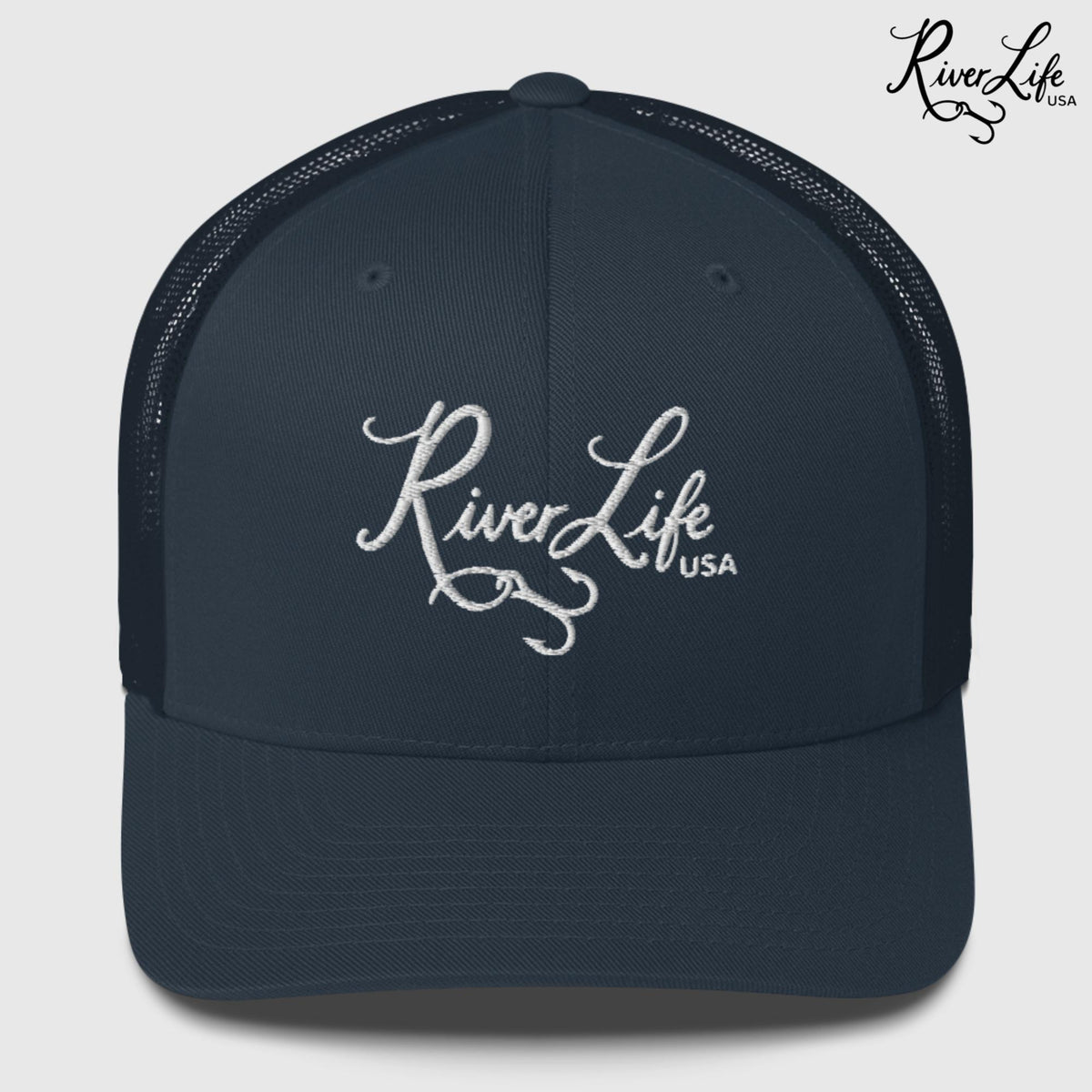 Signature (embroidered) | Snapback Trucker Cap-Navy-River Life USA