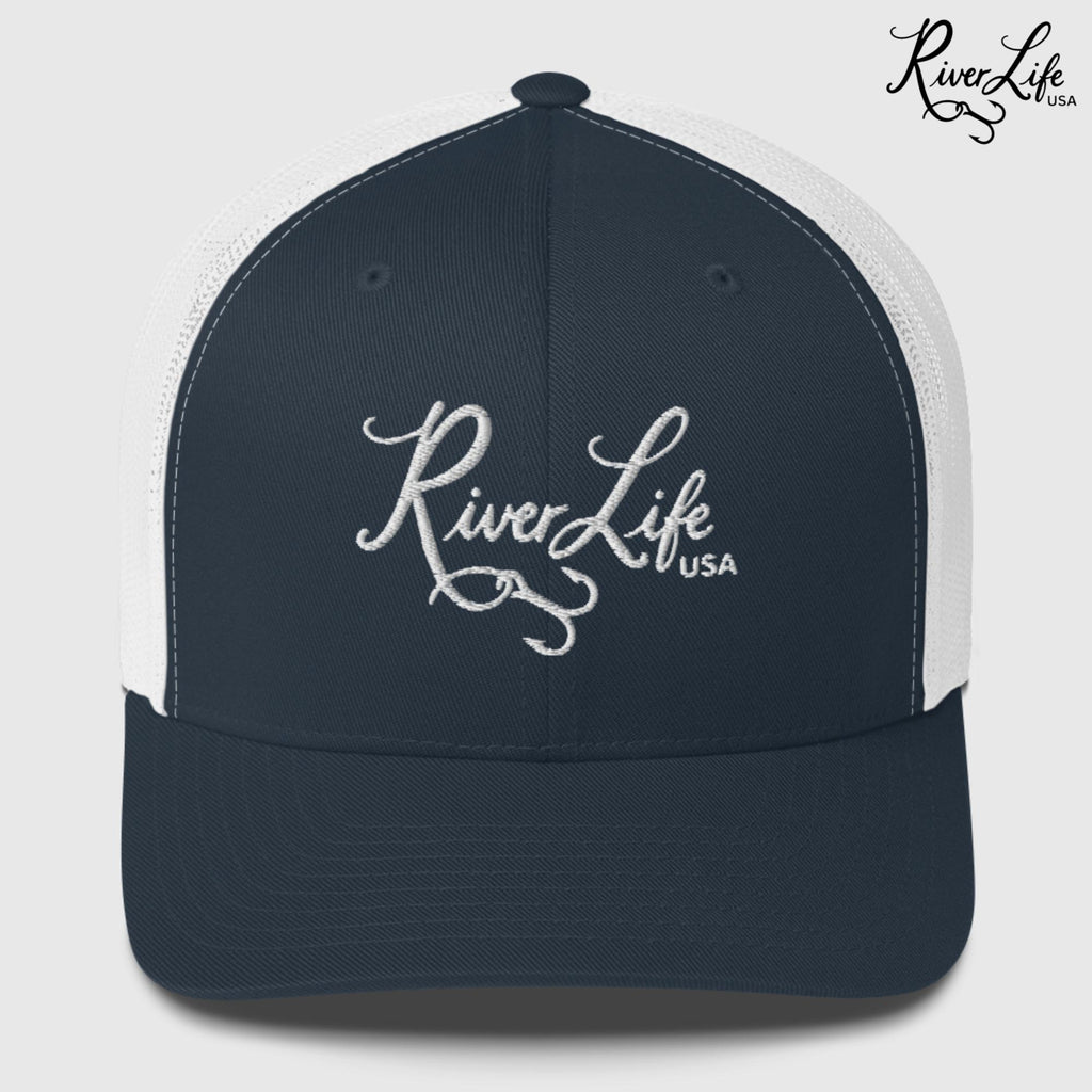 Signature (embroidered) | Snapback Trucker Cap-Navy/ White-River Life USA