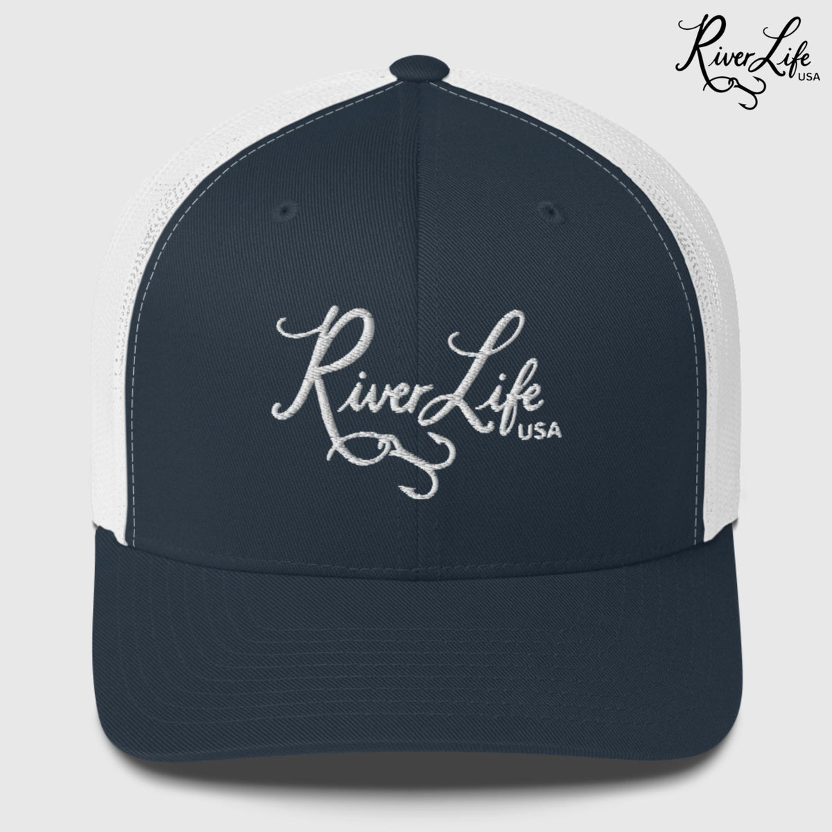 Signature (embroidered) | Snapback Trucker Cap-Navy/ White-River Life USA