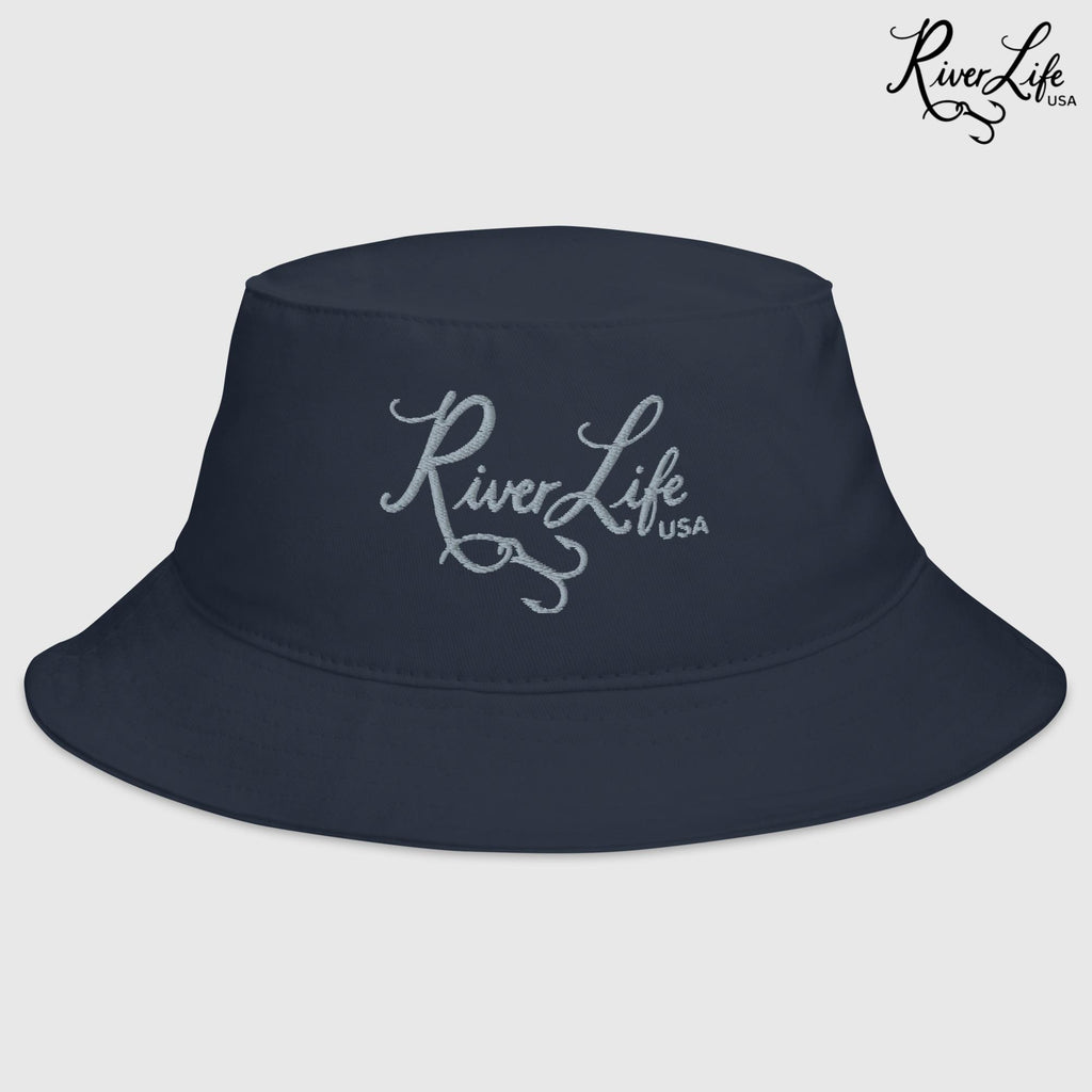 Signature (gray embroidery) | Bucket Hat-Navy-River Life USA