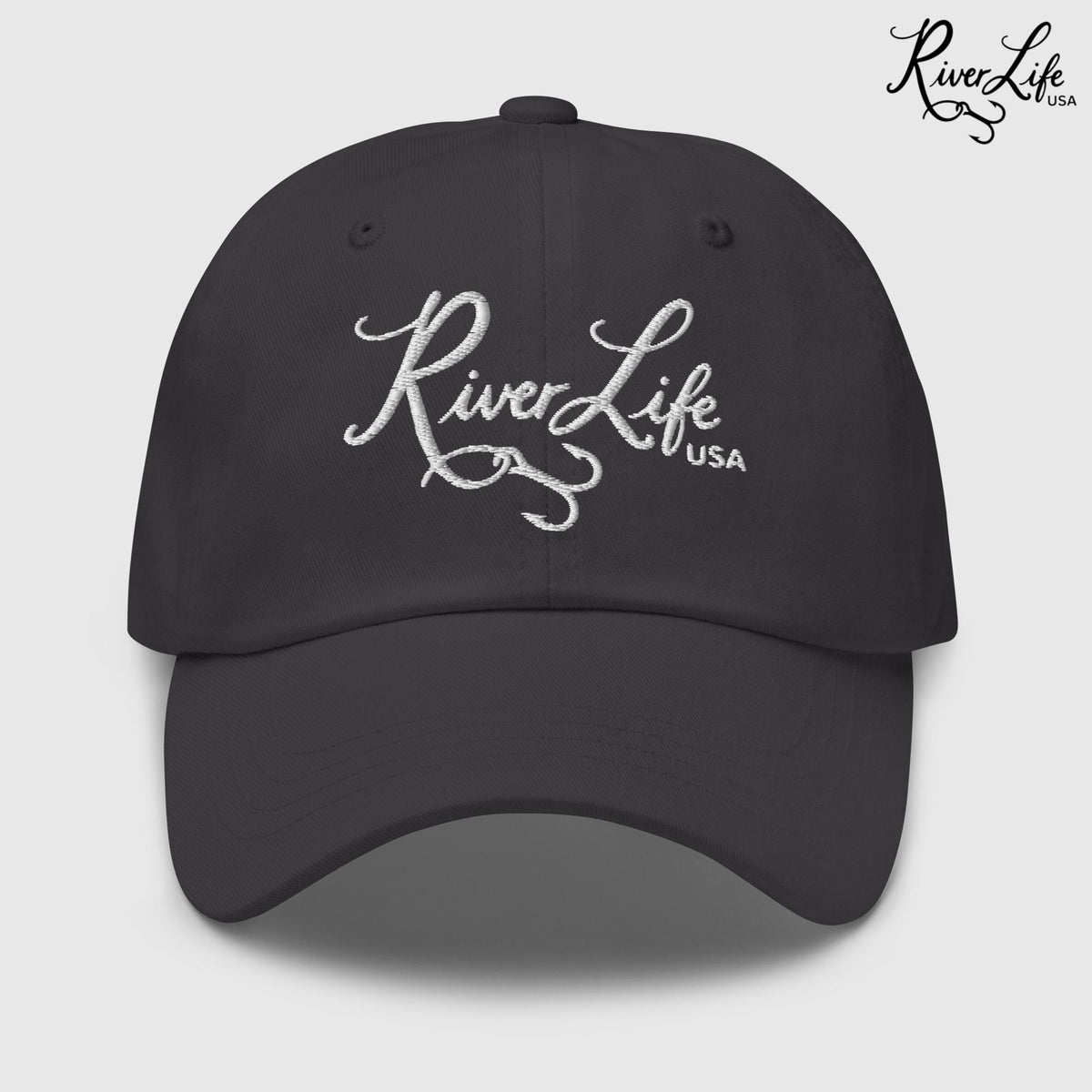 Signature (white embroidery) | Adjustable Dad Hat-Dark Grey-River Life USA
