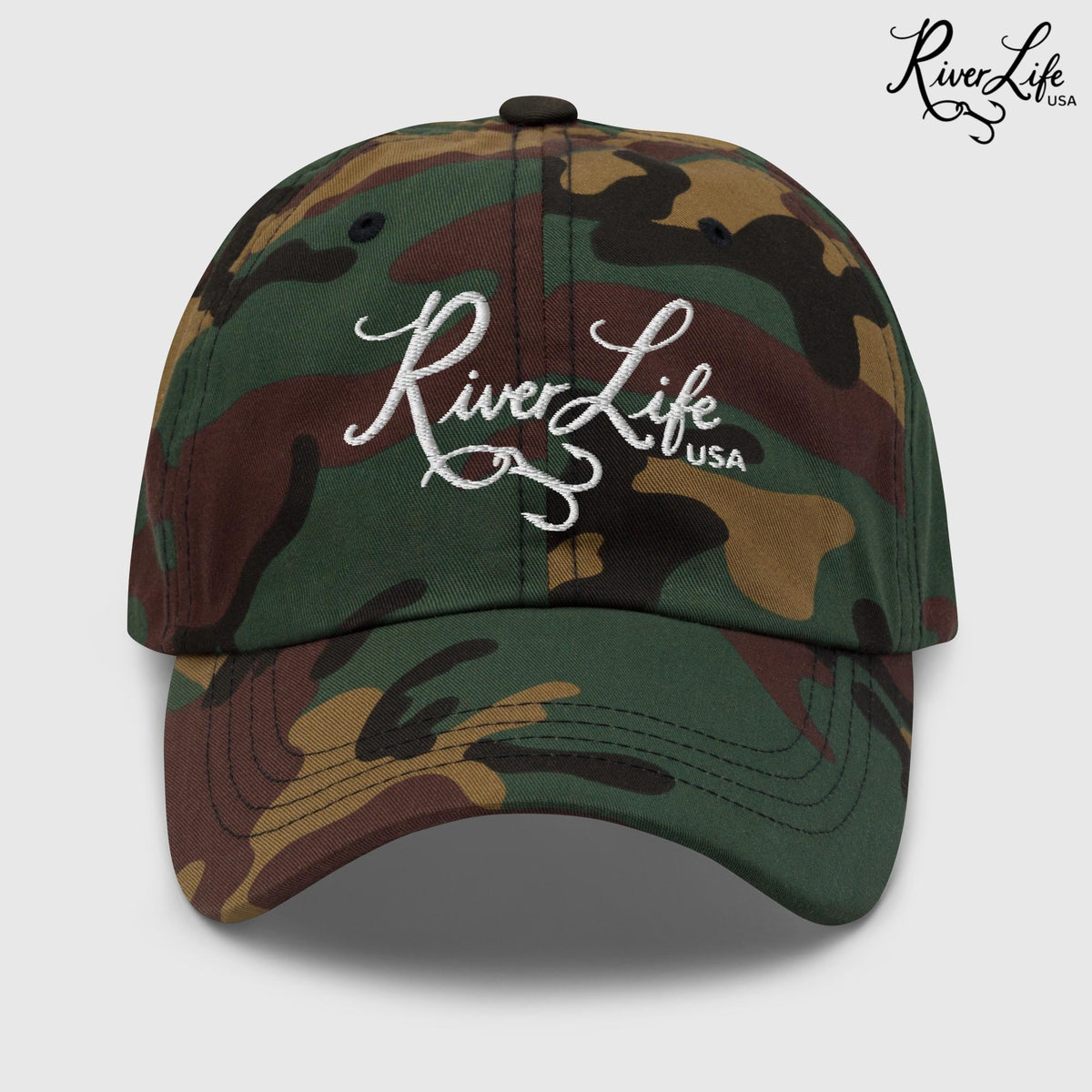 Signature (white embroidery) | Adjustable Dad Hat-Green Camo-River Life USA
