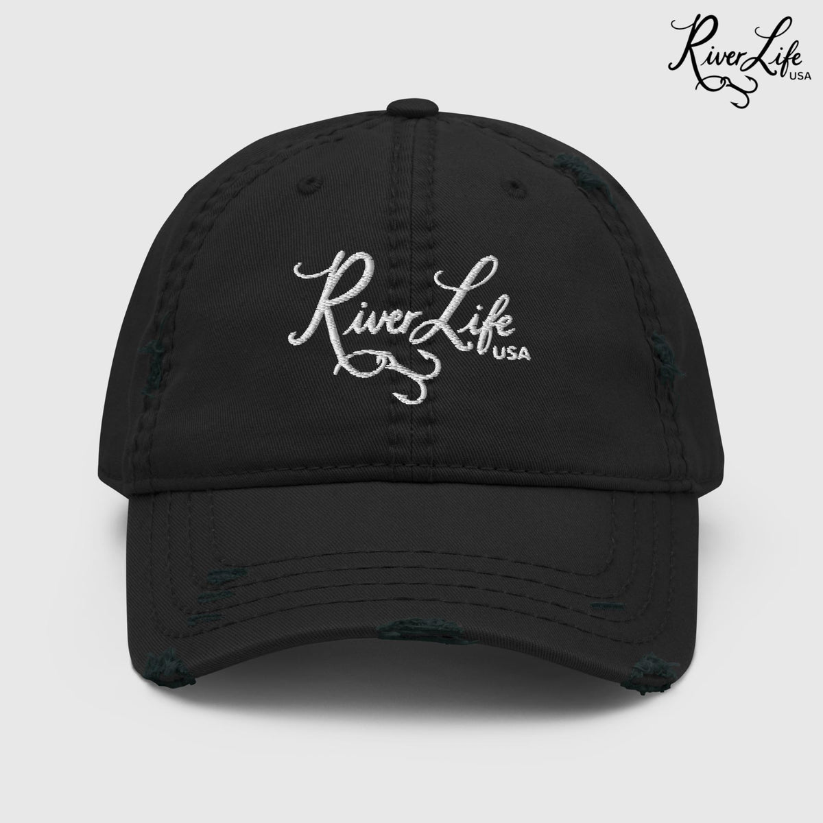 Signature (white embroidery) | Adjustable Distressed Dad Hat-Black-River Life USA