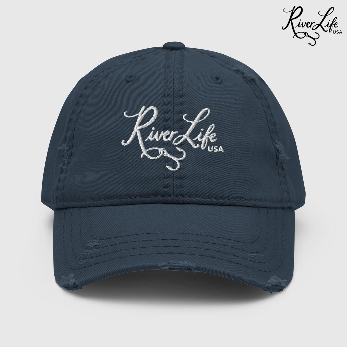 Signature (white embroidery) | Adjustable Distressed Dad Hat-Navy-River Life USA