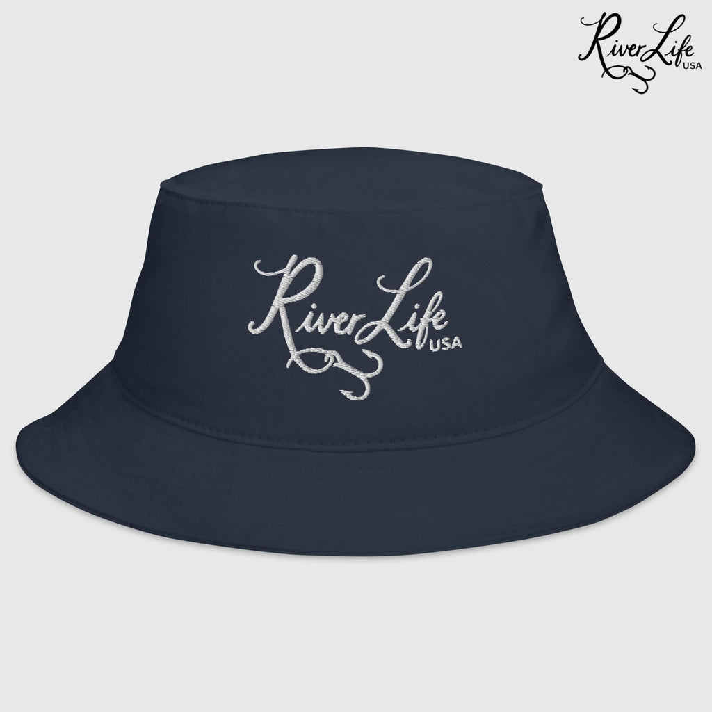 Signature (white embroidery) | Bucket Hat-Navy-River Life USA