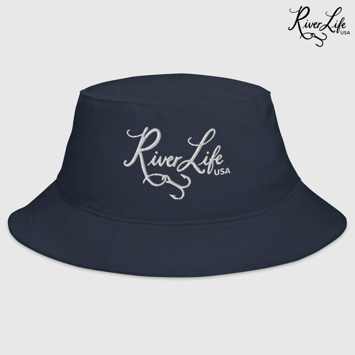 Signature (white embroidery) | Bucket Hat-Navy-River Life USA