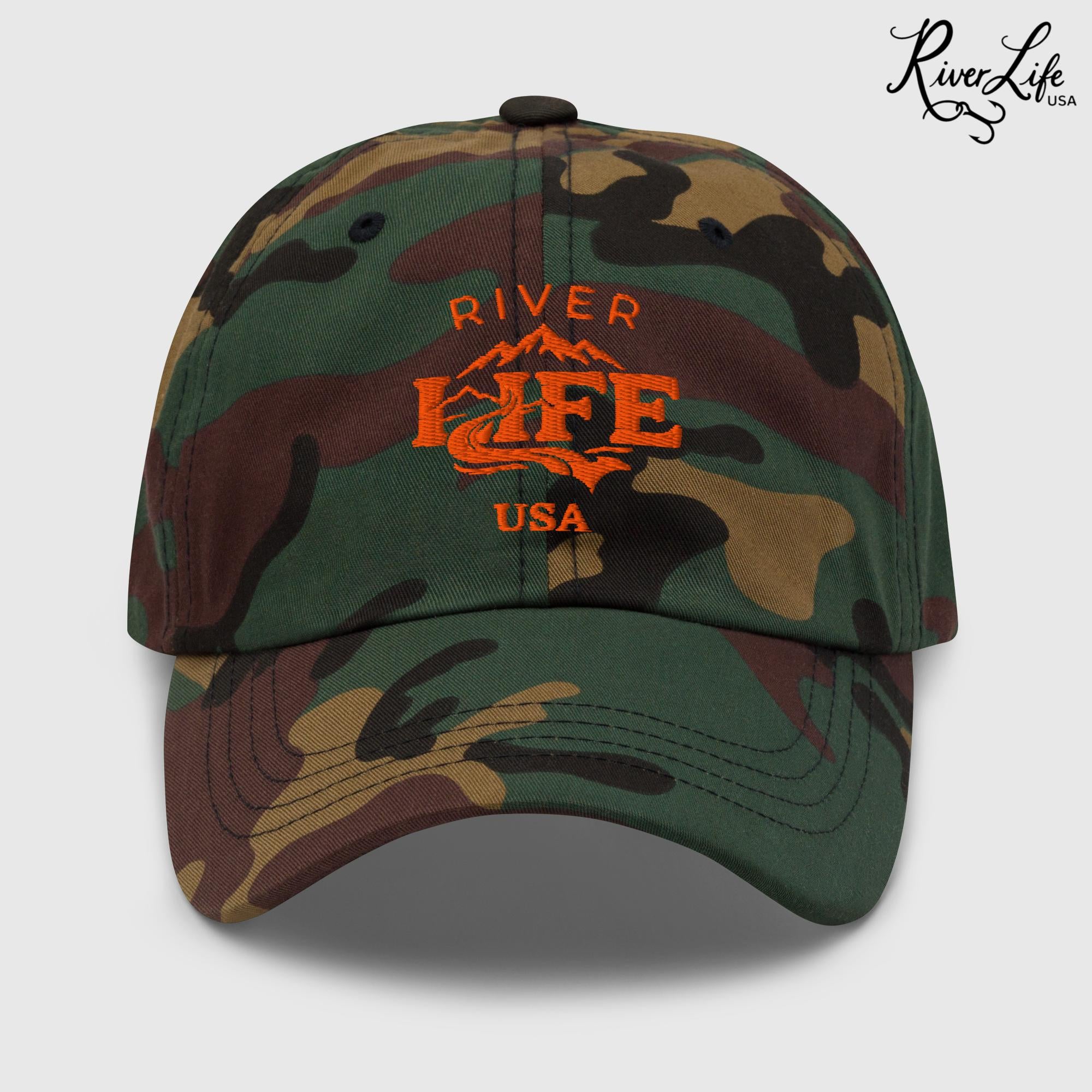 Spectrum (orange embroidery) | Adjustable Dad Hat-Green Camo-River Life USA