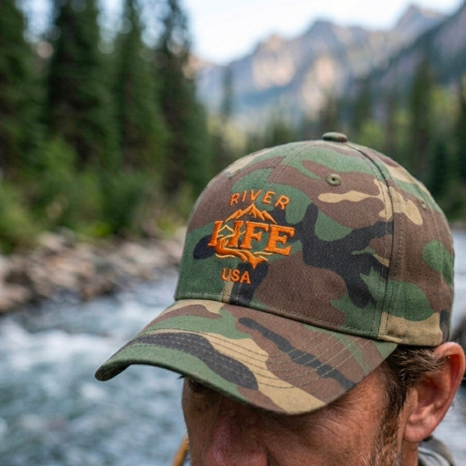 Spectrum (orange embroidery) | Adjustable Dad Hat-Green Camo-River Life USA