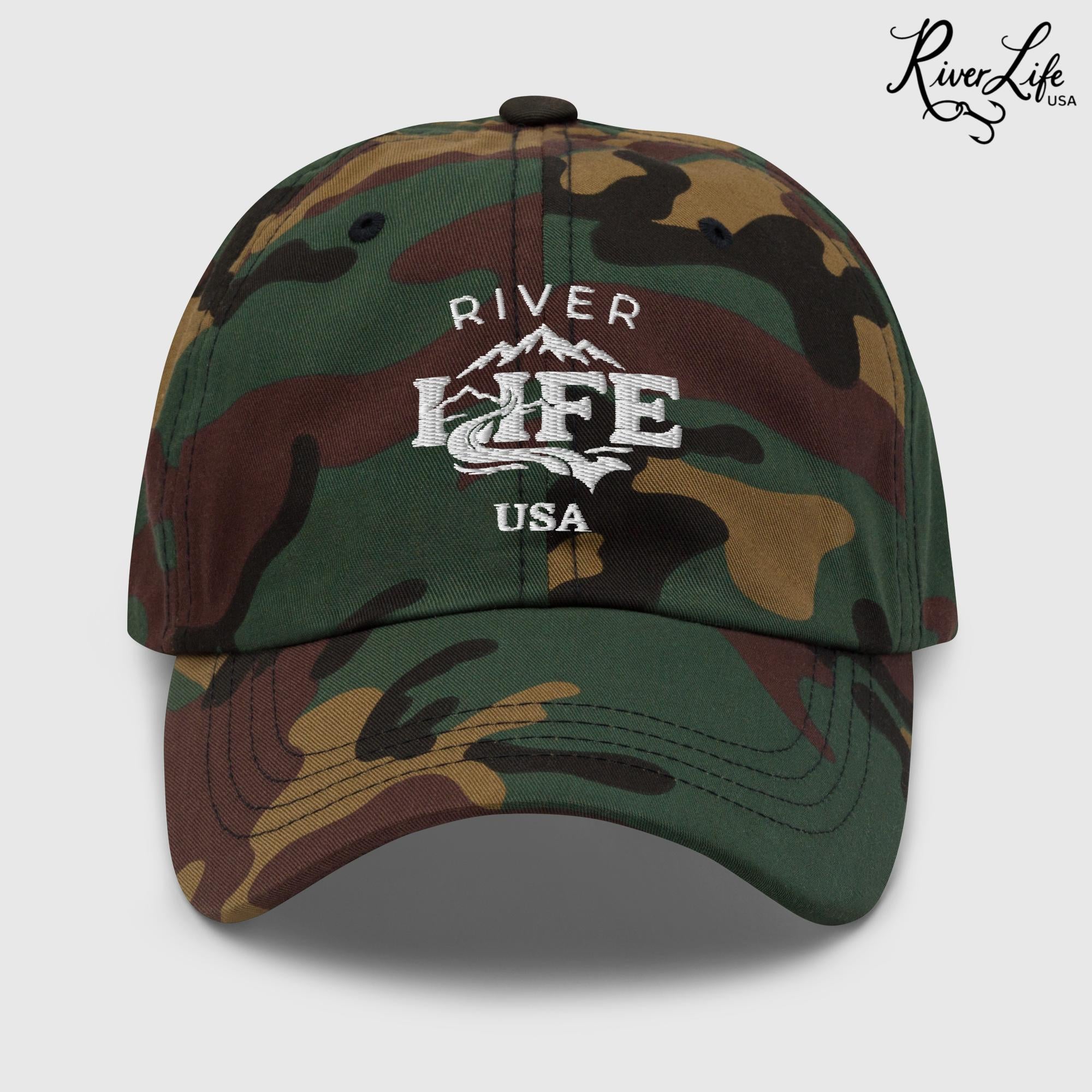 Spectrum (white embroidery) | Adjustable Dad Hat-Green Camo-River Life USA