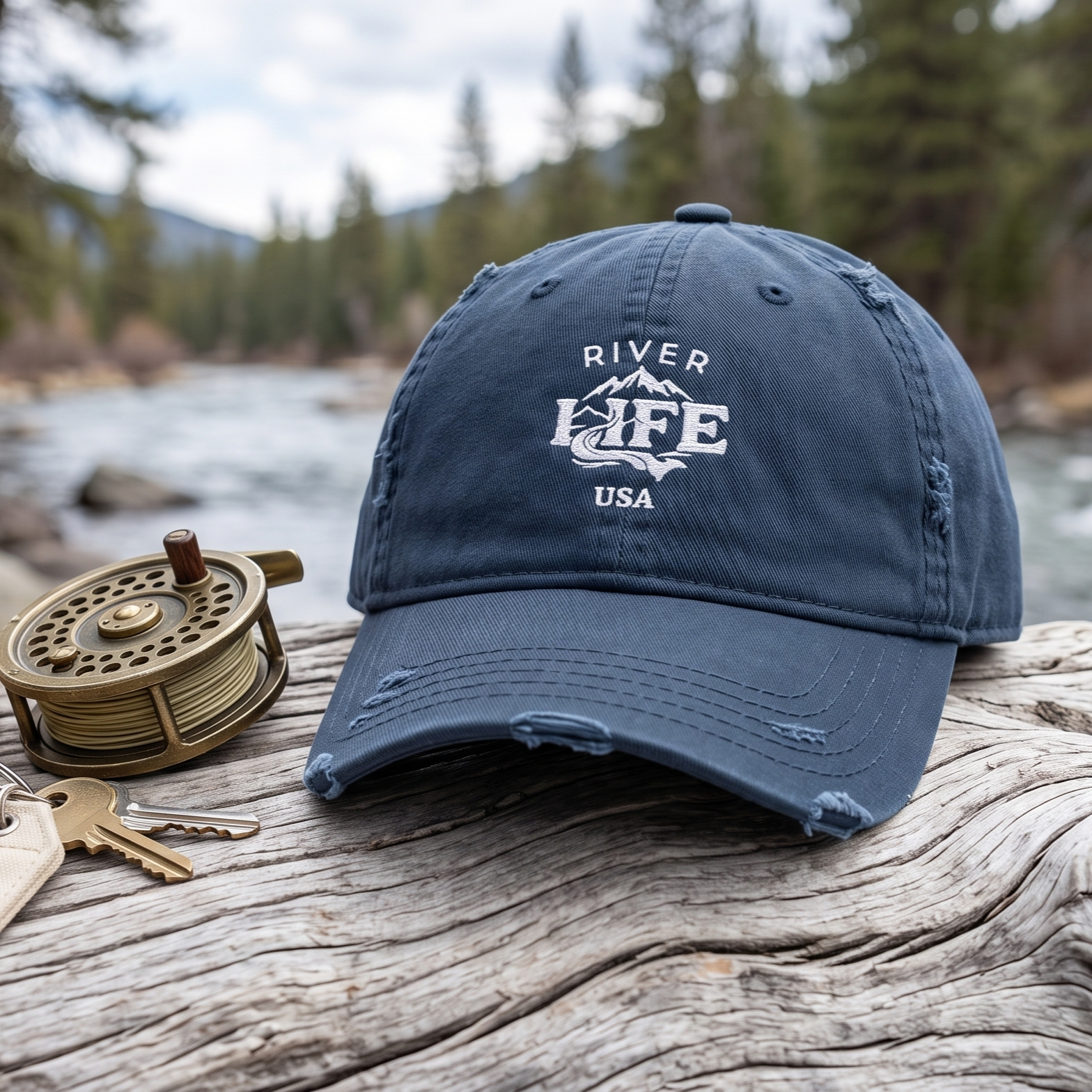Spectrum (white embroidery) | Adjustable Distressed Dad Hat-Navy-River Life USA