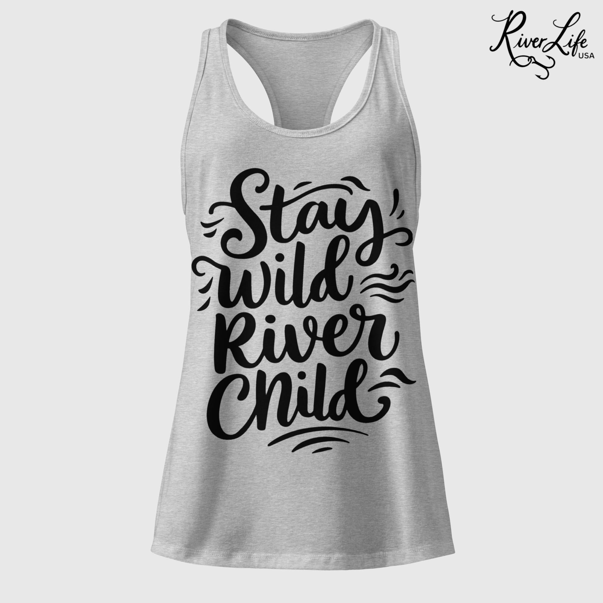 Stay Wild River Child (black print) | Women’s Fitted Racerback Tank Top-Heather Gray-River Life USA