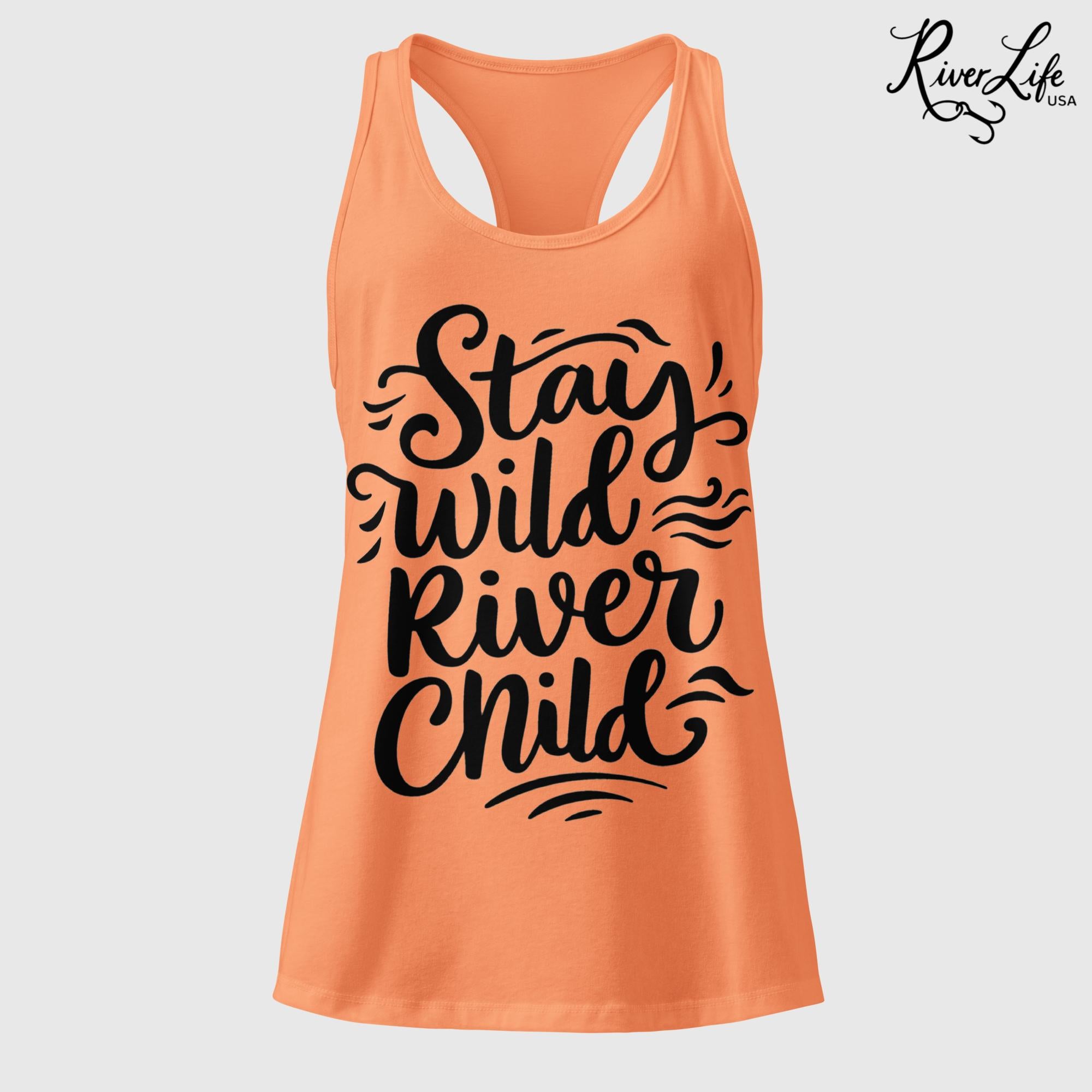 Stay Wild River Child (black print) | Women’s Fitted Racerback Tank Top-Light Orange-River Life USA