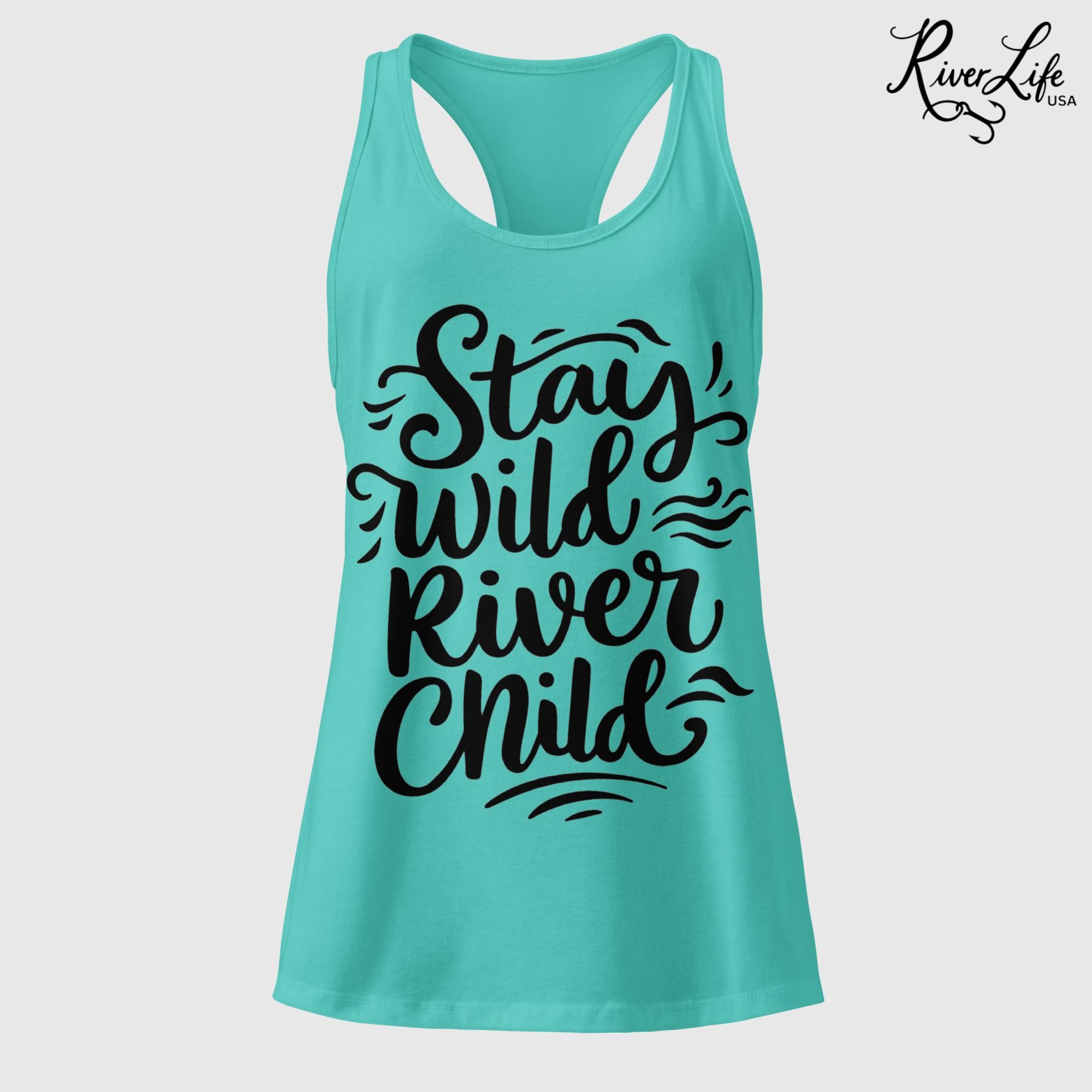 Stay Wild River Child (black print) | Women’s Fitted Racerback Tank Top-Tahiti Blue-River Life USA