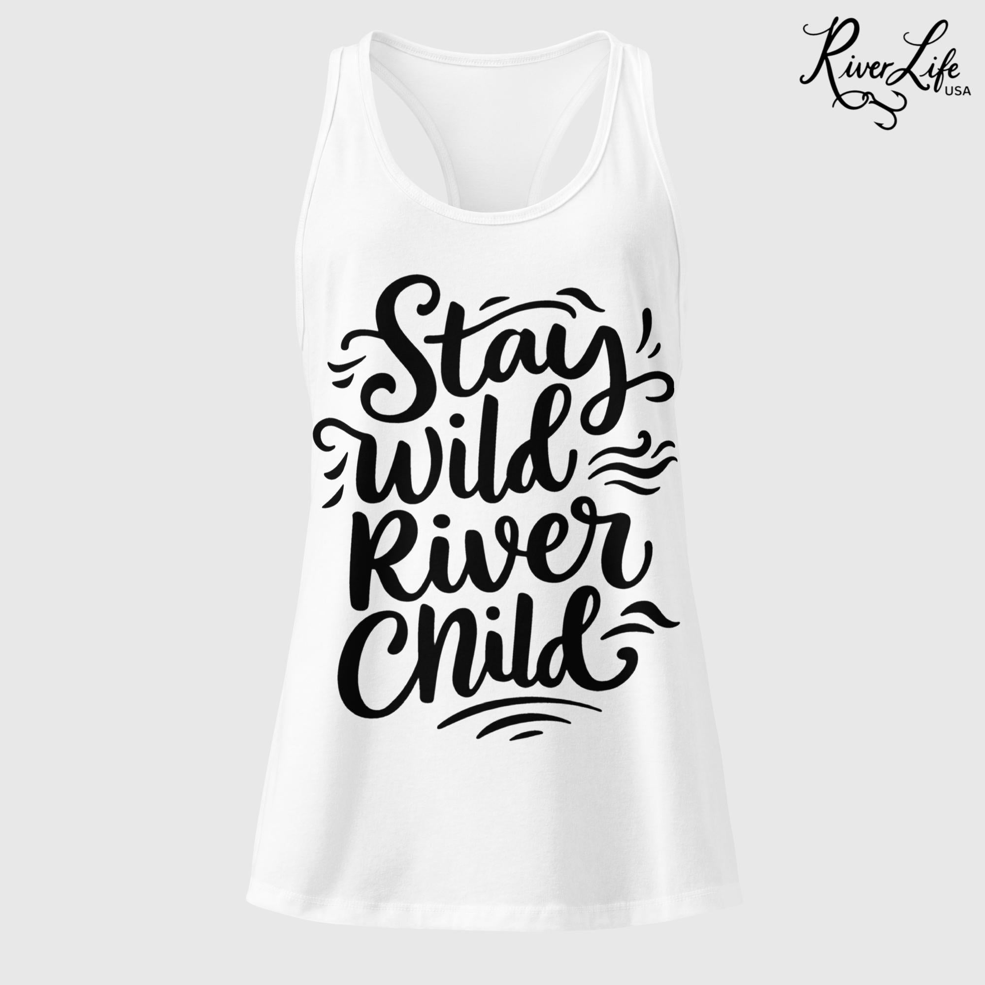 Stay Wild River Child (black print) | Women’s Fitted Racerback Tank Top-White-River Life USA