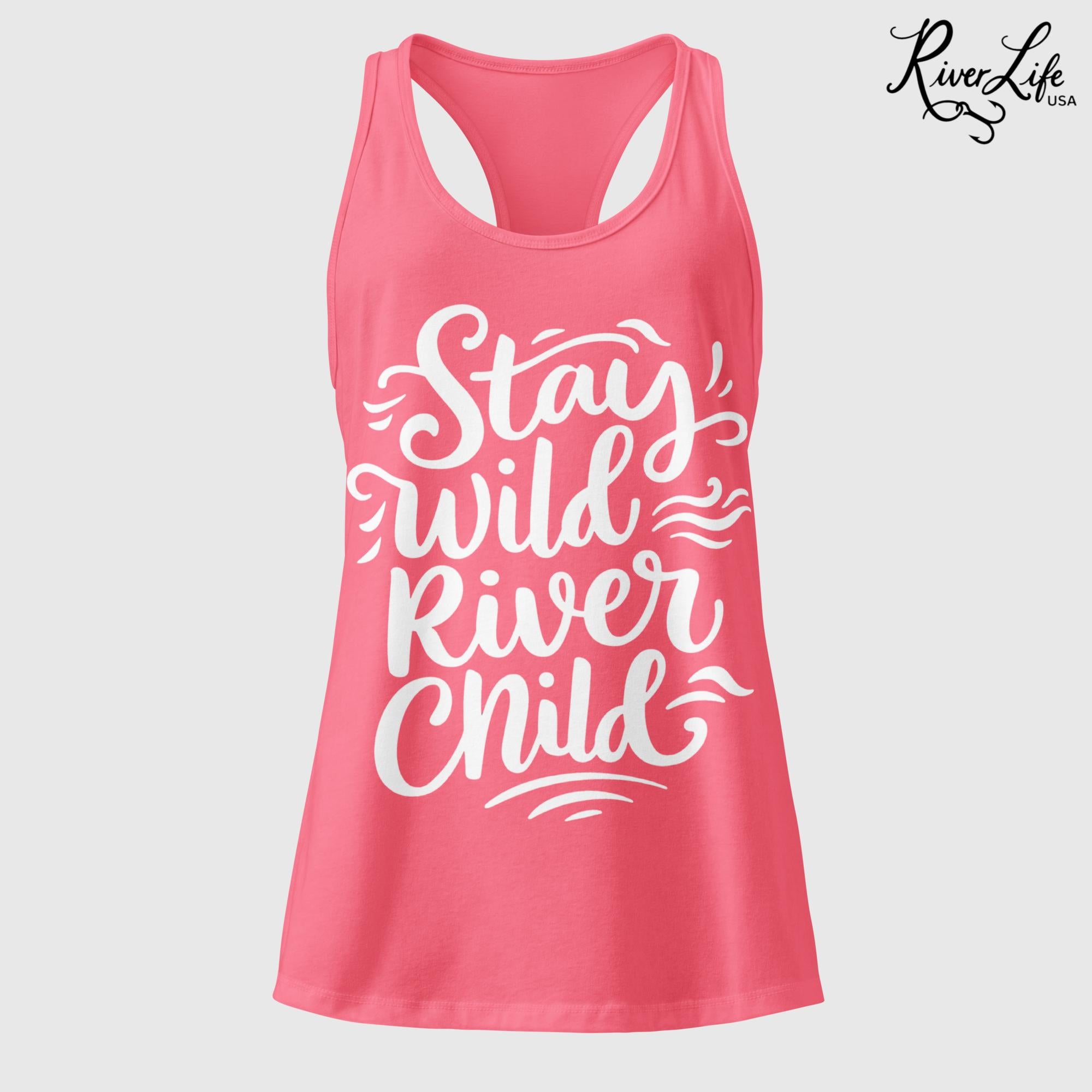 Stay Wild River Child (white print) | Women’s Fitted Racerback Tank Top-Hot Pink-River Life USA