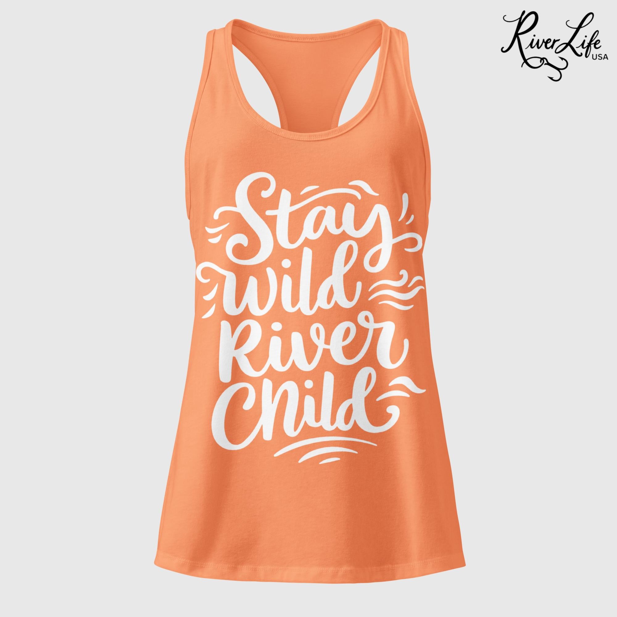 Stay Wild River Child (white print) | Women’s Fitted Racerback Tank Top-Light Orange-River Life USA